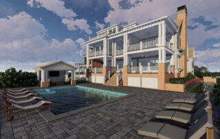 A 3 d rendering of the back of a house with a pool.